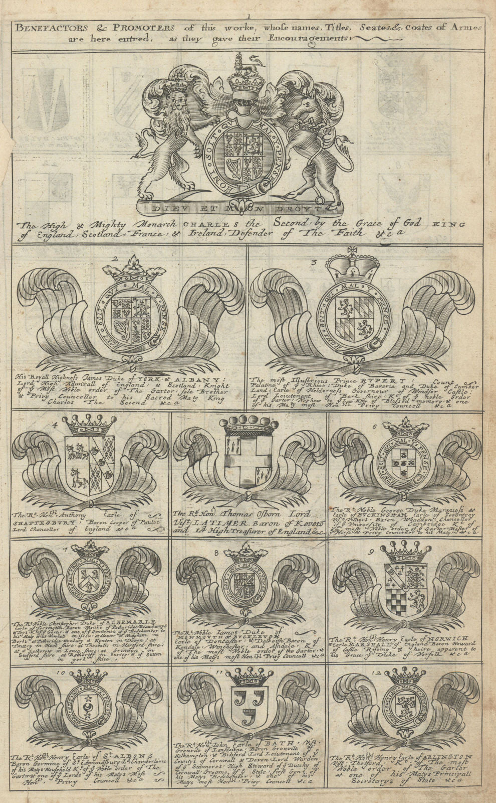 Family coats of arms of benefactors to Blome's Britannia. Folio 1 #1-12 1673